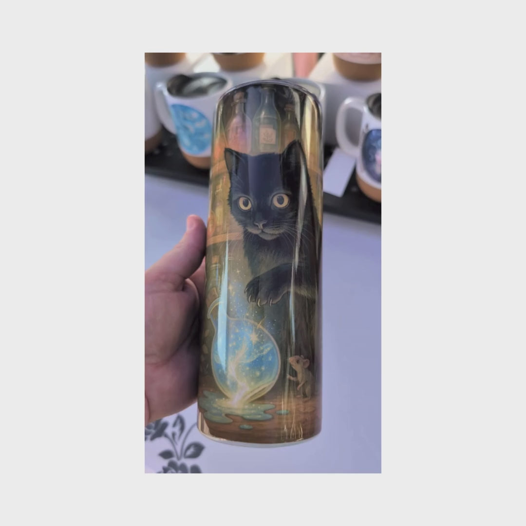 Tumbler video showing the size compared to the hand holding it, the front, sides, back, bottom, and top.