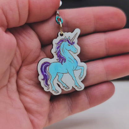Blue Unicorn Earrings, Handmade Wood Jewelry