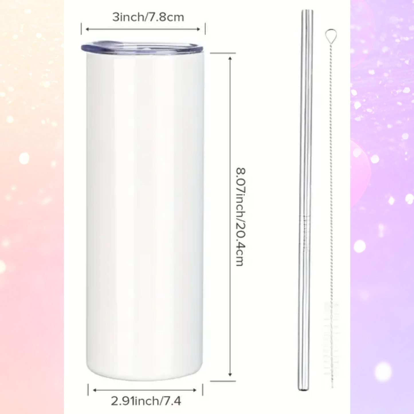 Measurement of book reading ghost tumbler. Lid is 3 inches wide. The tumbler is 8.07 inches high and 2.91 inches wide. You can see the straight metal straw and the cleaning brush.