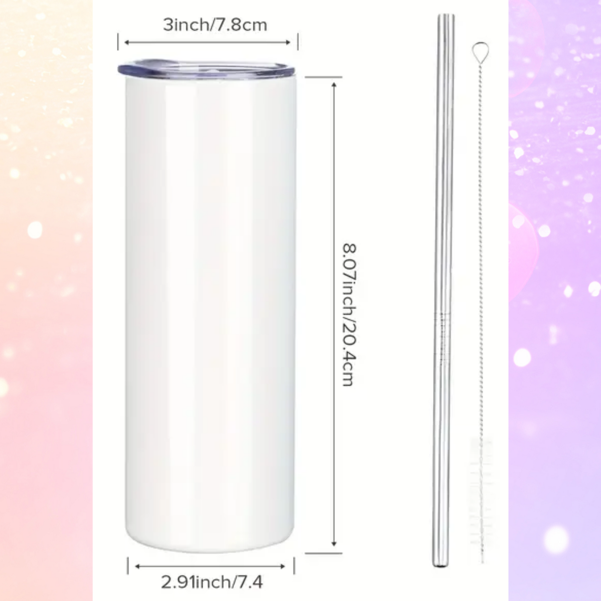 Measurement of book reading ghost tumbler. Lid is 3 inches wide. The tumbler is 8.07 inches high and 2.91 inches wide. You can see the straight metal straw and the cleaning brush.