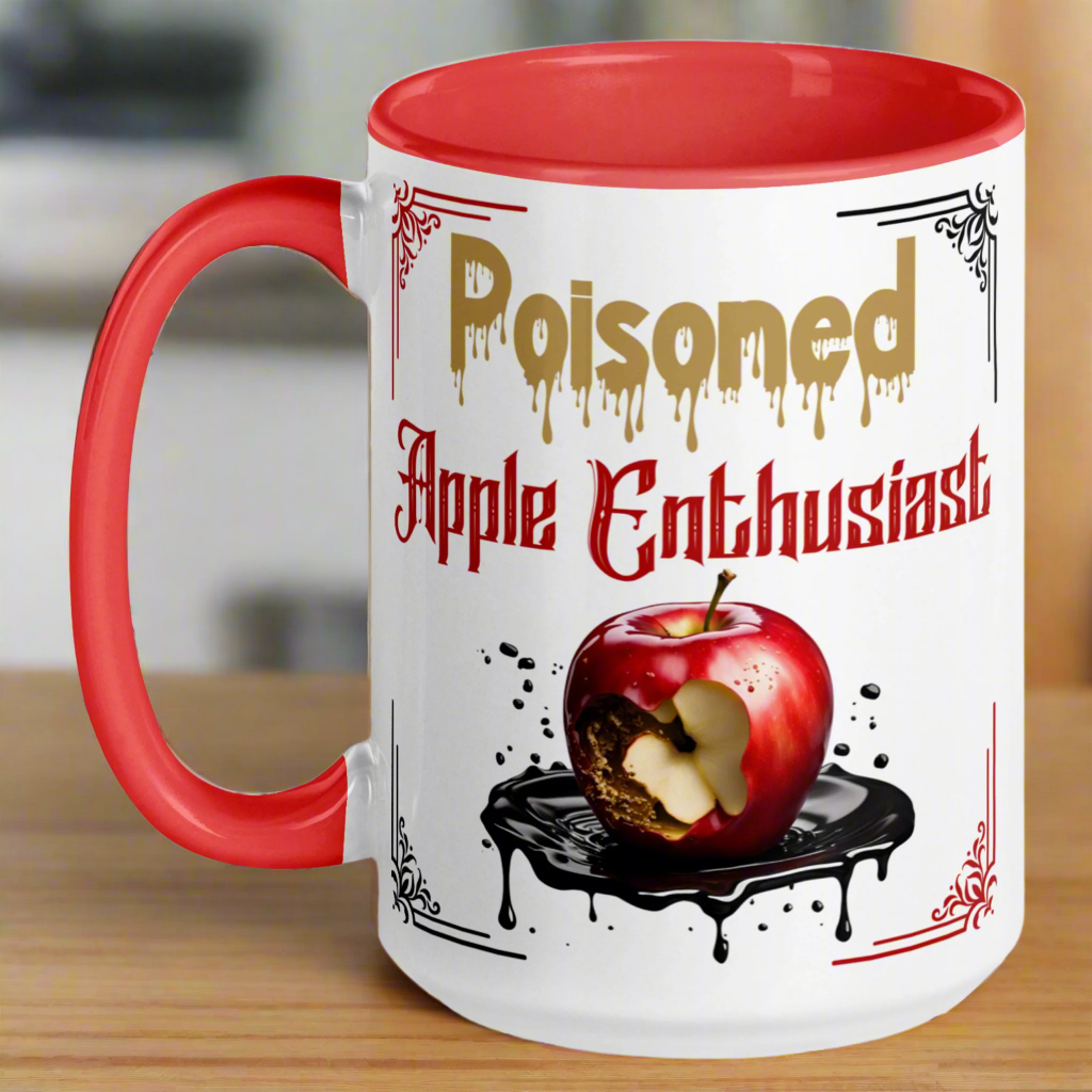 White mug with red interior and handle, Poisoned Apple Enthusiast above a decaying apple sitting in a pool of poison