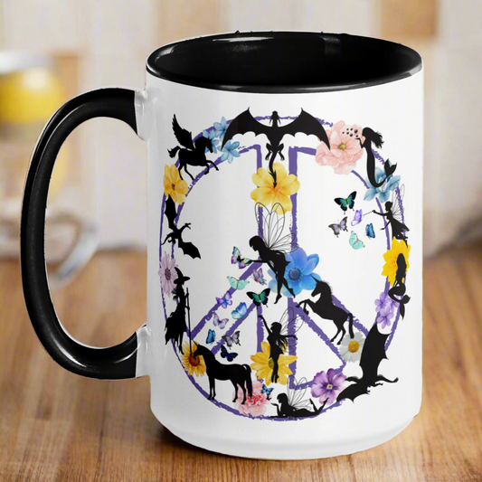 right black interior and handle fantasy peace mug, purple peace sign filled with mythological creatures dragon mermaid fairy unicorn witch pegasus