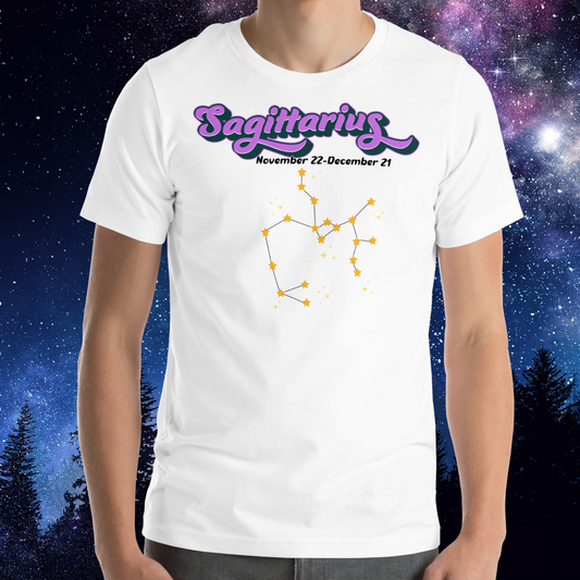 Front view of model wearing white men's Sagittarius Tee. This astrology T-Shirt has the word Sagittarius in large purple script shadowed in black for a 3-D effect. Below this it Says November 22-December 21. Under Sagittarius is the zodiac star constellation with yellow stars connected by a black line and lighter yellow smaller stars surrounding this. The perfect December or November Birthday Gift for him or yourself.