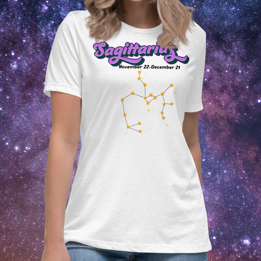Front view of model wearing white women's Sagittarius Tee. This astrology T-Shirt has the word Sagittarius in large purple script shadowed in black for a 3-D effect. Below this it Says November 22-December 21. Under Sagittarius is the zodiac star constellation with yellow stars connected by a black line and lighter yellow smaller stars surrounding this. The perfect November or December Birthday Gift for her or yourself.