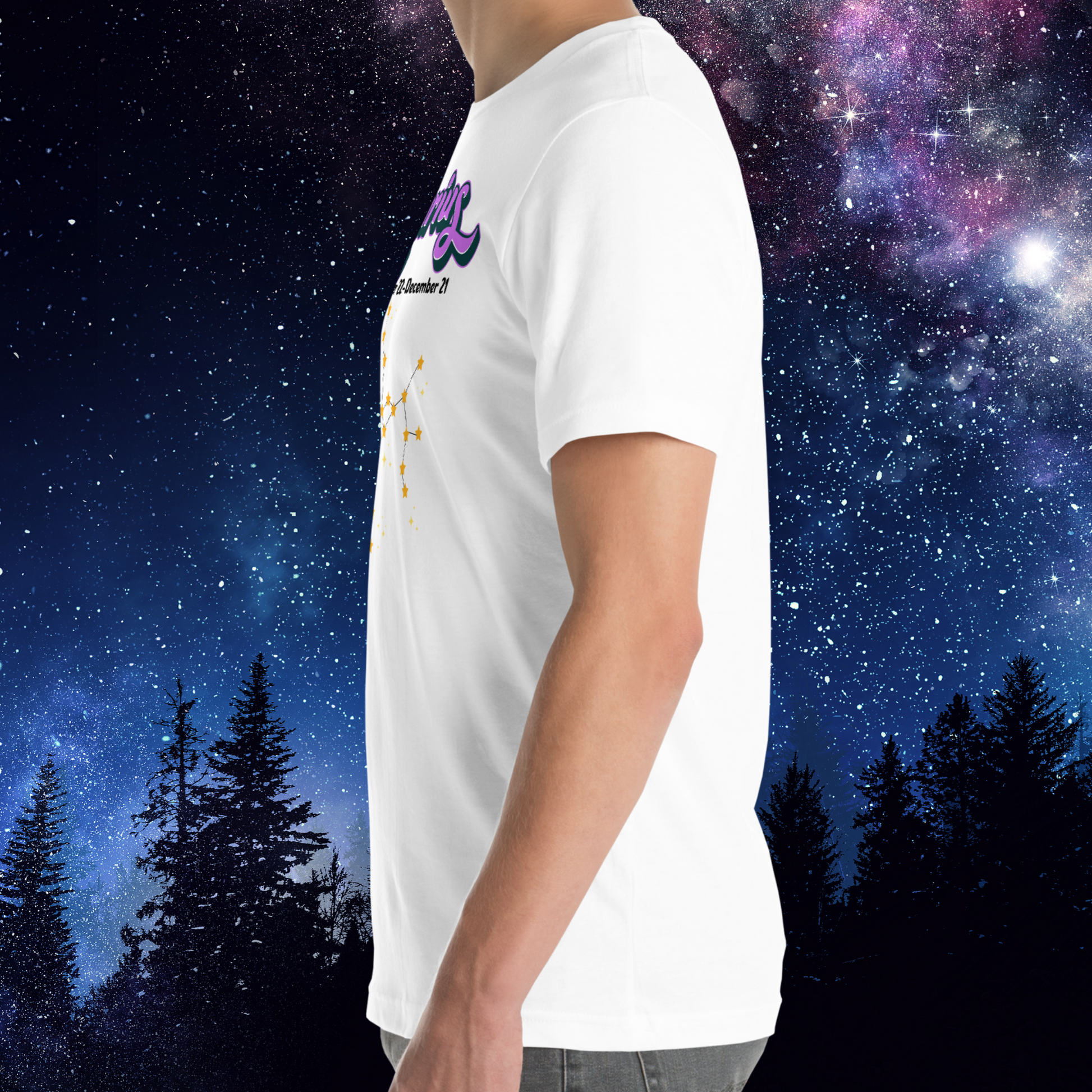 Left side view of model wearing white men's Sagittarius Tee. You can see the crewneck, short sleeve ending mid upper arm, hem falling below hip level on model. The perfect December or November Birthday Gift for him or yourself.