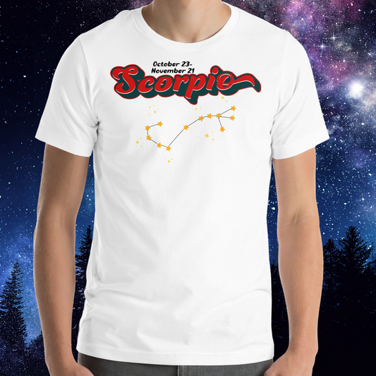 Front view of model wearing white men's Scorpio Tee. This astrology T-Shirt has the word Scorpio in large red script shadowed in black for a 3-D effect. Above  this it says October 23-November 21. Under Scorpio is the zodiac star constellation with yellow stars connected by a black line and lighter yellow smaller stars surrounding this. The perfect October or November Birthday Gift for him or yourself.