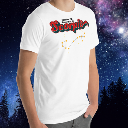 Right side view of model wearing white men's Scorpio Tee. You can see the shoulder seams, crew neckline, side seam, sleeves end mid upper arm, and hem ends right below the hip on the model. The perfect October or November Birthday Gift for him or yourself.