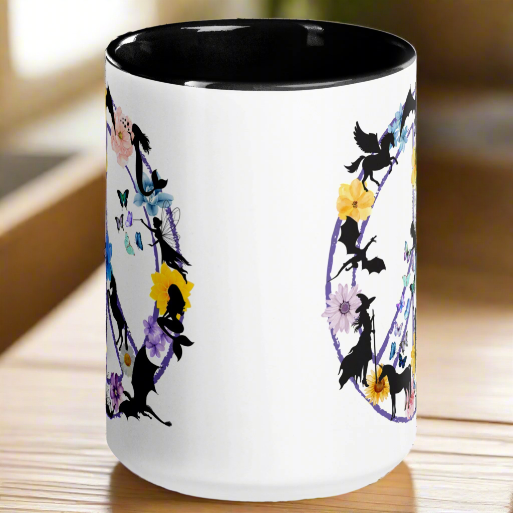 side black interior and handle fantasy peace mug, purple peace sign filled with mythological creatures dragon mermaid fairy unicorn witch pegasus