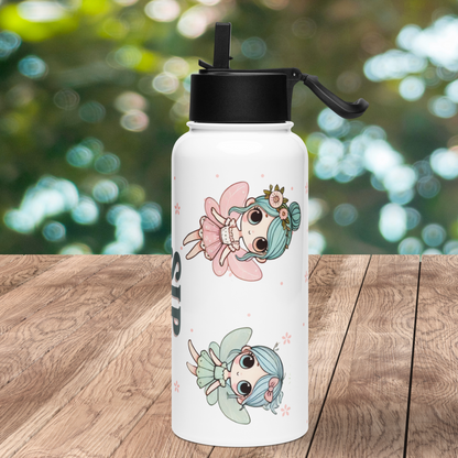 Right side view of white stainless steel water tumbler with black lid. Straw is up on the lid and handle is sticking out to the right. You can see a fairy with pink and blue eyes, blue hair with pink flowers in a bun, pink wings and dress. Blue eyed fairy with short blue hair with a pink bow, blue wings and dress. 