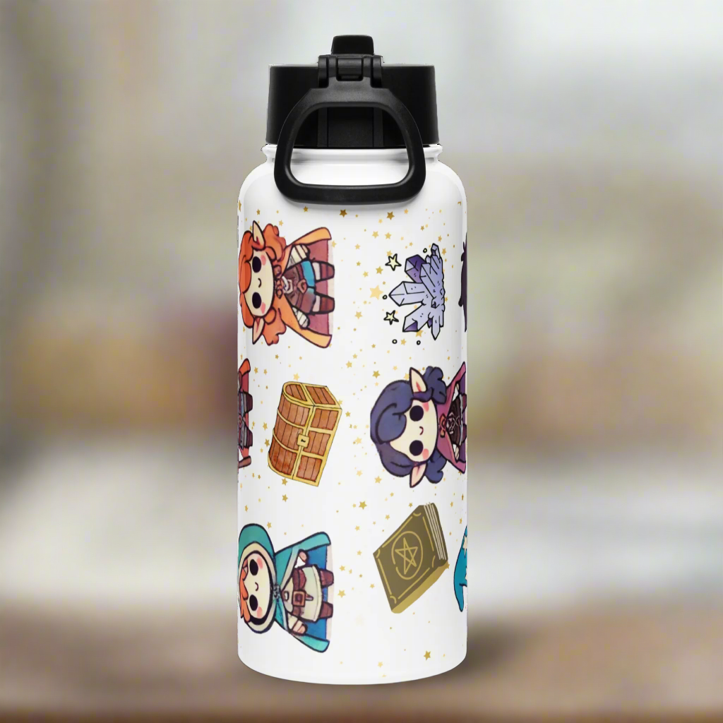 Back view of white stainless steel bottle with black lid. Adjustable handle folded down against the back.  View of elf adventurers, treasure chests, spell books, and crystals.
