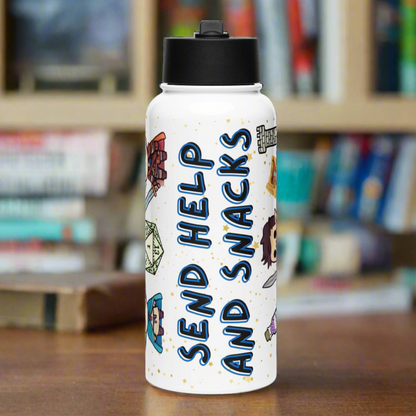 Front of white stainless steel bottle with black lid. Black text with offset blue outline reads "Send Help and Snacks". Around the edges you can see colorful DND or TTRPG Player Characters.