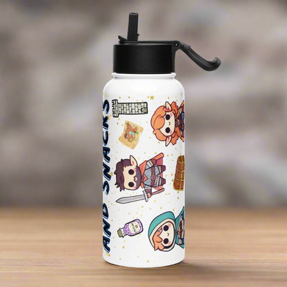 Right side of white bottle with black lid. Straw is up and handle is sticking out to the right. You can see a castle tower, potion bottle, and treasure chest. You can see a rogue, a cleric, and a paladin