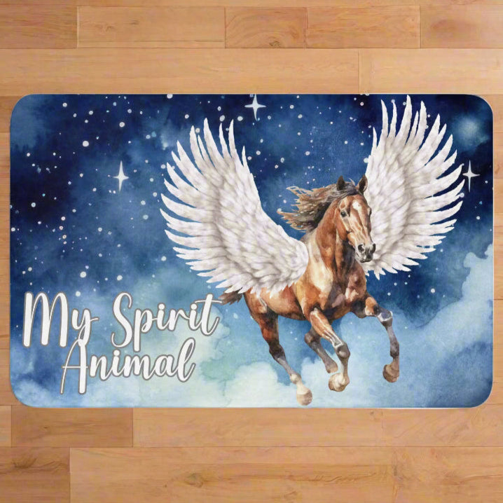 My Spirit Animal Pegasus Sherpa blanket. Pegasus white feathered wings on a Pinto with a dark brown mane and tail, galloping through the sky against a background of clouds and stars. Mythical Accessories