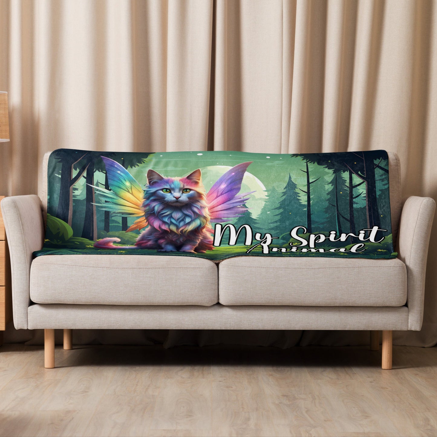 My Spirit Animal Fairy Cat sherpa blanket. Blanket draped over the back of a loveseat size 37x57. Rainbow Fae Persian Cat wings spread behind her, tail curling to the right. Framed  in golden magic symbols. My Spirit Animal under the fairy cat in blue outlined in dark grey.