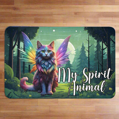 My Spirit Animal Fairy Cat sherpa blanket. Front view. Rainbow Fae Persian Cat wings spread behind her, tail curling to the right. Framed  in golden magic symbols. My Spirit Animal under the fairy cat in blue outlined in dark grey.