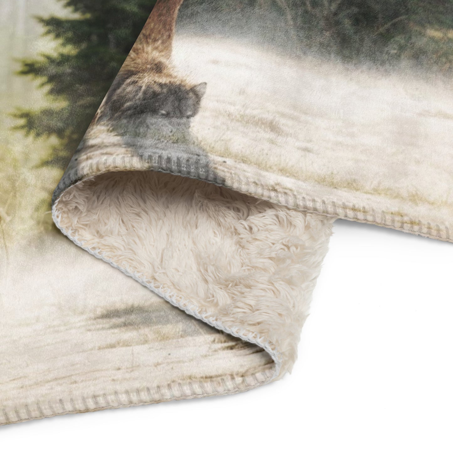 Wolf Women's Sherpa BLanket My Spirit Animal. Front view up close to see plush soft printed side, folded to show underside of natural sherpa, edge stitching is visible. A grey timberwolf gazes at you from the forest. Timber Wolf Shamanic Totem Animal, Mythical Accessories Emporium.