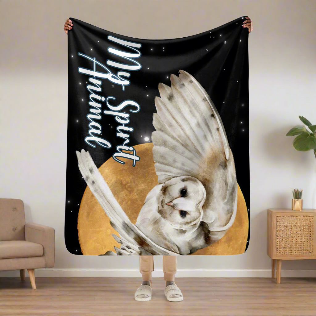My spirit animal owl sherpa throw blanket. model holding 50"x60" blanket up in the air. Blanket comes just past her knees. This is your standard size couch throw, perfect for snuggling up with while reading or use as a picnic blanket. On a black background with stars a white owl flies across a harvest moon, My Spirit Animal in white on the lower left.mythical accessories emporium. Fantasy Home Decor, Celtic Mythology, Greek Mythology, Athena Blanket, Nature Inspired Book Lovers Gift
