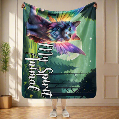 My Spirit Animal Fairy Cat sherpa blanket. Front view held up by a model, size 350x60, hangs below the models knees with arms above her head. Rainbow Fae Persian Cat wings spread behind her, tail curling to the right. Framed  in golden magic symbols. My Spirit Animal under the fairy cat in blue outlined in dark grey.