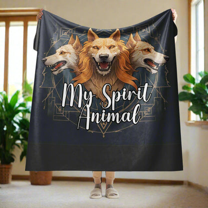 My Spirit Animal Cerberus Blanket. Front view held up by a model, 60"x80", 1/4 of blanket folded back over her hands, twin size blanket or queen bed throw. A three headed guardian of the underworld in golden browns with jaws open to display canines. Below the underworld guardian is my spirit animal. Background is Dark grey almost black.