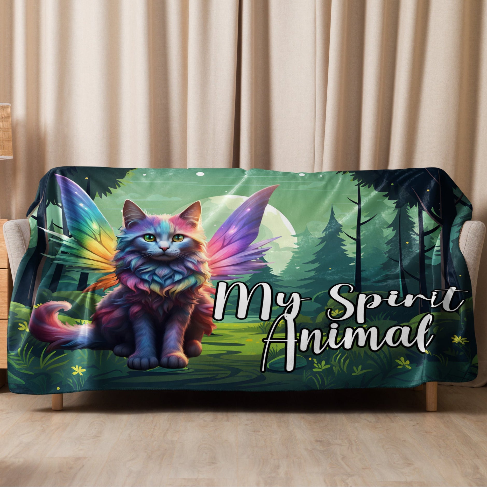 My Spirit Animal Fairy Cat sherpa blanket. Front view spread over a loveseat, draped down the back and coming several inches above the floor, size 60x80. Rainbow Fae Persian Cat wings spread behind her, tail curling to the right. Framed  in golden magic symbols. My Spirit Animal under the fairy cat in blue outlined in dark grey.