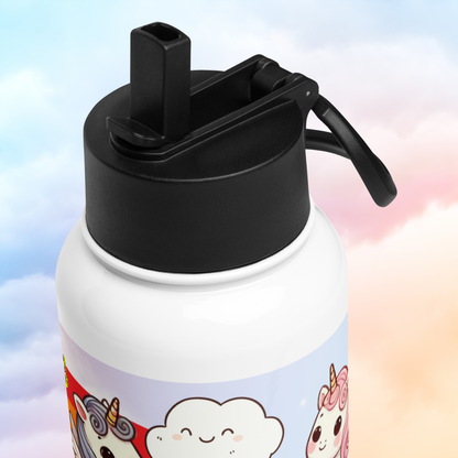 Top view of the unicorn water bottle of the black lid. The flip straw is up and the handle is down.