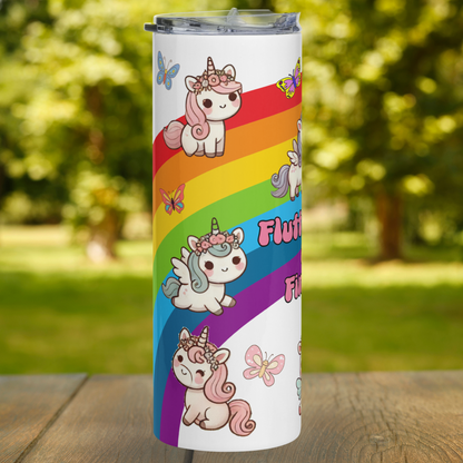 Stainless steel 20 tumbler left side view.  Left side of the rainbow with bright butterflies. To the top of the rainbow a unicorn with pink mane, flowers in mane, and a pink tail standing on the rainbow. Flying in the middle is a pegasus with a horn blue hair and tail and pink flowers in mane. At the bottom is a sitting winking unicorn with pink mane and tail and flowers in mane. Unicorn water bottle