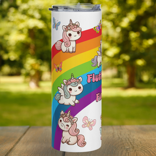 Stainless steel 20 tumbler left side view.  Left side of the rainbow with bright butterflies. To the top of the rainbow a unicorn with pink mane, flowers in mane, and a pink tail standing on the rainbow. Flying in the middle is a pegasus with a horn blue hair and tail and pink flowers in mane. At the bottom is a sitting winking unicorn with pink mane and tail and flowers in mane. Unicorn water bottle