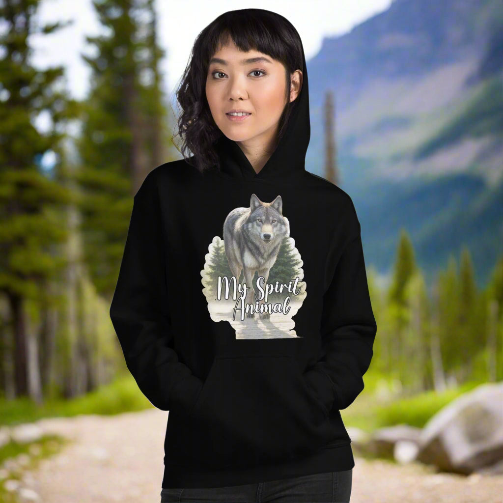 Wolf Women's Hoodie My Spirit Animal. Front view black Graphic Hoodie. A grey timberwolf gazes at you from the forest. Timber Wolf Shamanic Totem Animal, Mythical Accessories Emporium.