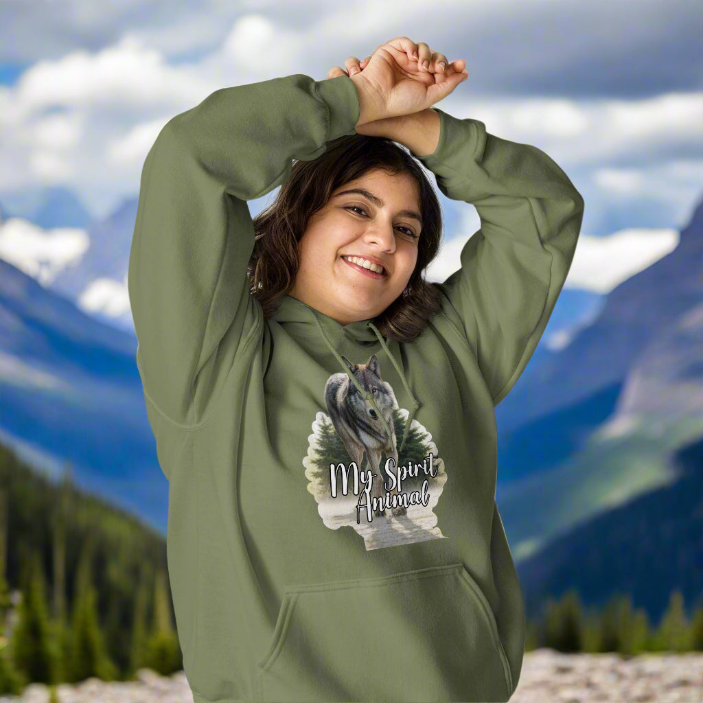 Wolf Women's Hoodie My Spirit Animal. Front view military green Graphic Hoodie. A grey timberwolf gazes at you from the forest. Timber Wolf Shamanic Totem Animal, Mythical Accessories Emporium.