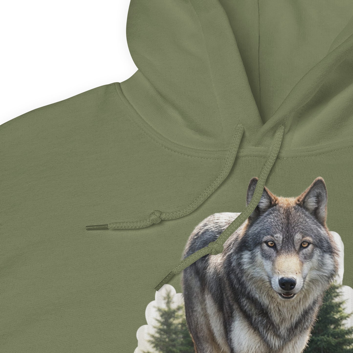 Wolf Women's Hoodie My Spirit Animal. Front view military green Graphic Hoodie. Close up of collar and strings coming out of hoodie. A grey timberwolf gazes at you from the forest. Timber Wolf Shamanic Totem Animal, Mythical Accessories Emporium.