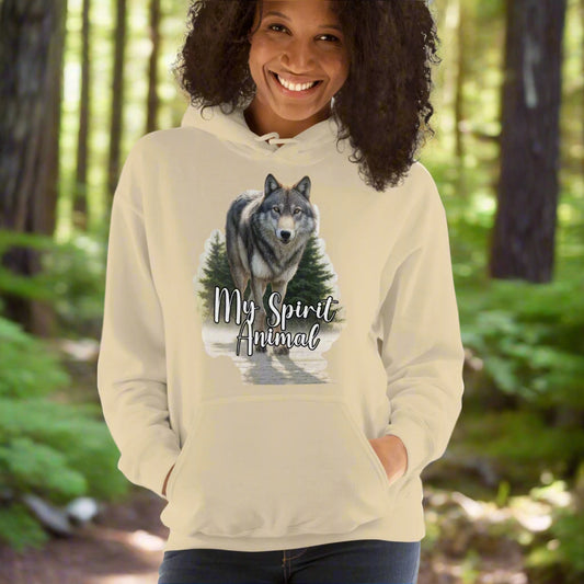 Wolf Women's Hoodie My Spirit Animal. Front view Sand Graphic Hoodie. A grey timberwolf gazes at you from the forest. Timber Wolf Shamanic Totem Animal, Mythical Accessories Emporium.