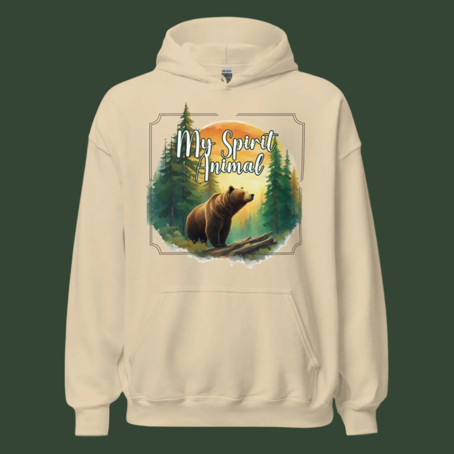 My Spirit Animal bear men's graphic hoodie. Front view on hanger sand hoodie.  Grizzly Bear paused in front of logs walking through the forest framed in a sunset. My Spirit Animal text at the top in white script. Mythical Accessories