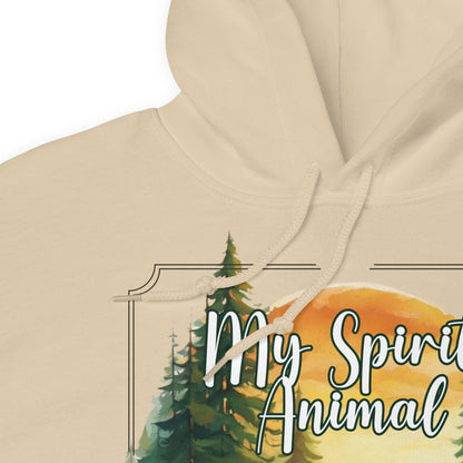 My Spirit Animal bear women's hoodie. Close up view of collar and strings of sand hoodie.  Grizzly Bear paused in front of logs walking through the forest framed in a sunset. My Spirit Animal text at the top in white script.