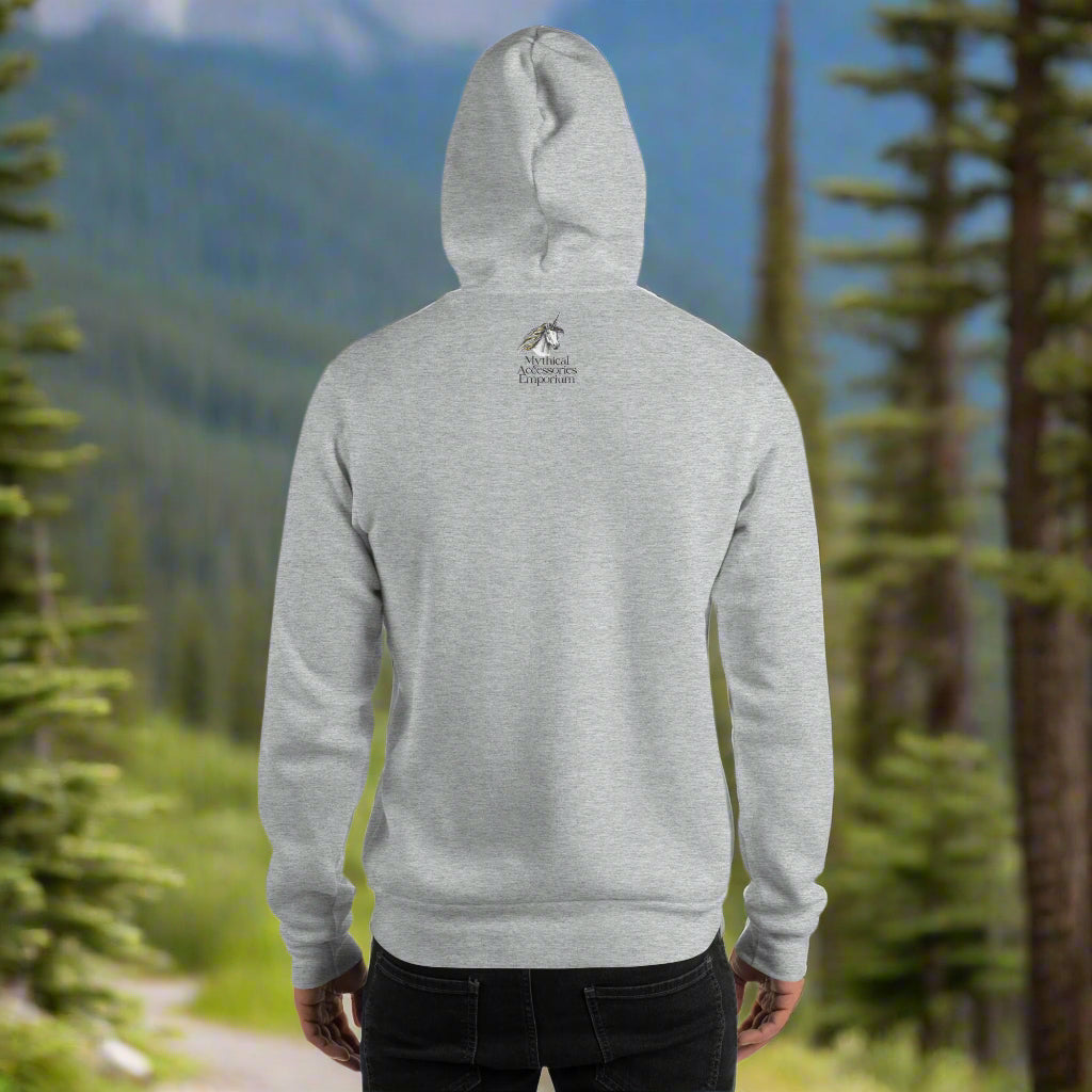 My Spirit Animal bear men's graphic hoodie. Back view sport grey hoodie.  Mythical Accessories. Hood up and you can see the brand Mythical Accessories Emporium with a unicorn but below the hood.