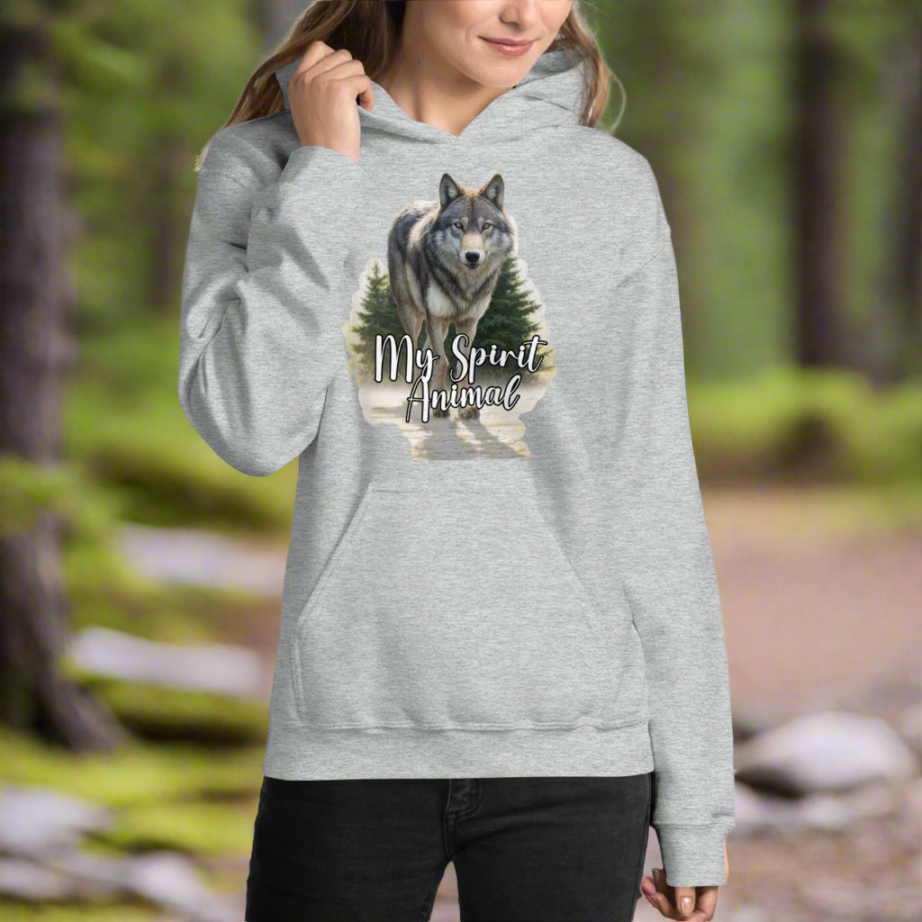 Wolf Women's Hoodie My Spirit Animal. Front view Sport Grey Graphic Hoodie. A grey timberwolf gazes at you from the forest. Timber Wolf Shamanic Totem Animal, Mythical Accessories Emporium.