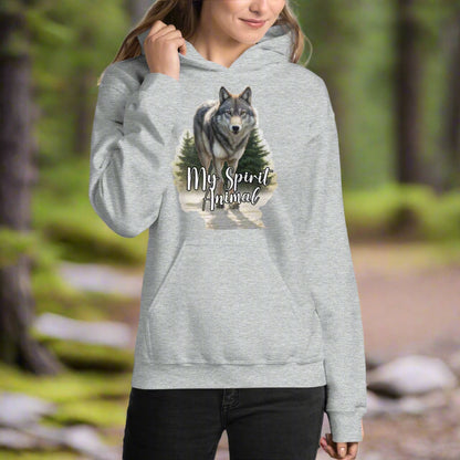 Wolf Women's Hoodie My Spirit Animal. Front view Sport Grey Graphic Hoodie. A grey timberwolf gazes at you from the forest. Timber Wolf Shamanic Totem Animal, Mythical Accessories Emporium.