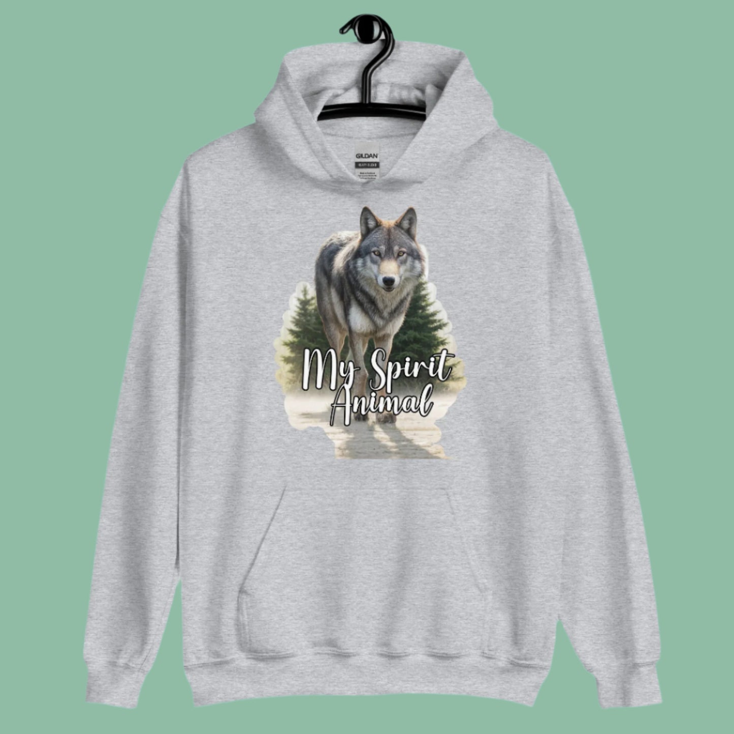 Wolf Women's Hoodie My Spirit Animal. Front view on hanger sport grey Graphic Hoodie. A grey timberwolf gazes at you from the forest. Timber Wolf Shamanic Totem Animal, Mythical Accessories Emporium.