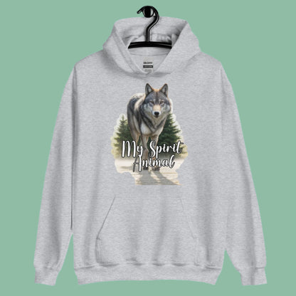 Wolf Women's Hoodie My Spirit Animal. Front view on hanger sport grey Graphic Hoodie. A grey timberwolf gazes at you from the forest. Timber Wolf Shamanic Totem Animal, Mythical Accessories Emporium.