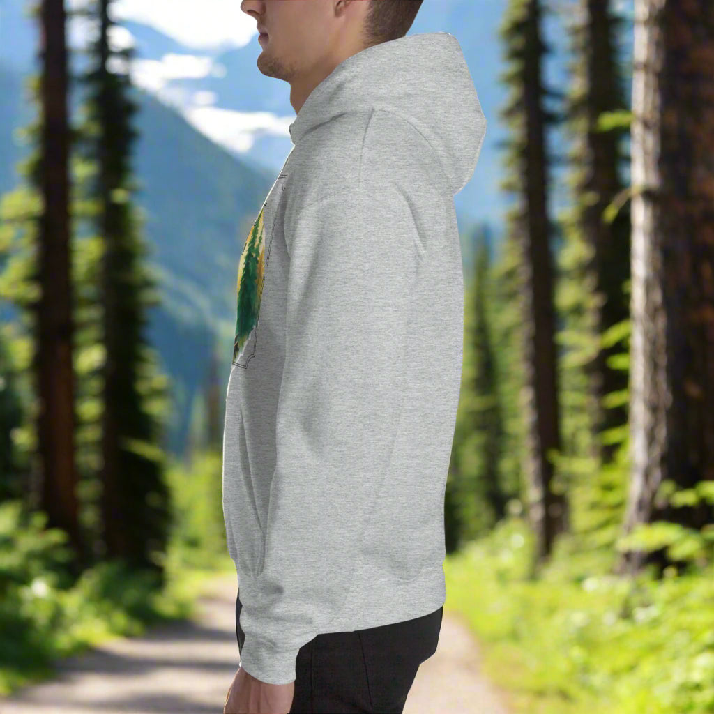 My Spirit Animal bear men's graphic hoodie. Left side view sport grey hoodie.  Grizzly Bear paused in front of logs walking through the forest framed in a sunset. My Spirit Animal text at the top in white script. Mythical Accessories