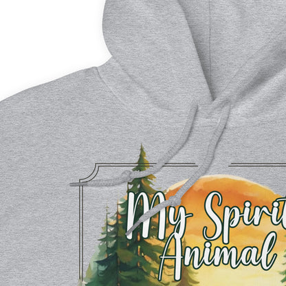 My Spirit Animal bear men's graphic hoodie. Front view sport grey hoodie.   Up close view of bottom of hood, shoulder, and strings for hood.