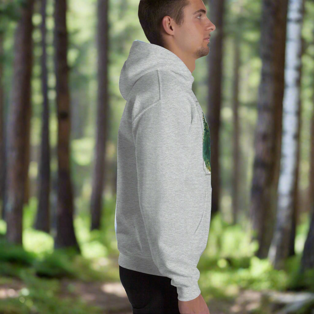 My Spirit Animal bear men's graphic hoodie. Right side view sport grey hoodie.  Grizzly Bear paused in front of logs walking through the forest framed in a sunset. My Spirit Animal text at the top in white script. Mythical Accessories