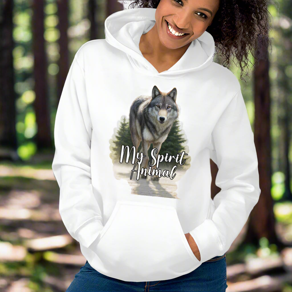 Wolf Women's Hoodie My Spirit Animal. Front view White Graphic Hoodie. A grey timberwolf gazes at you from the forest. Timber Wolf Shamanic Totem Animal, Mythical Accessories Emporium.