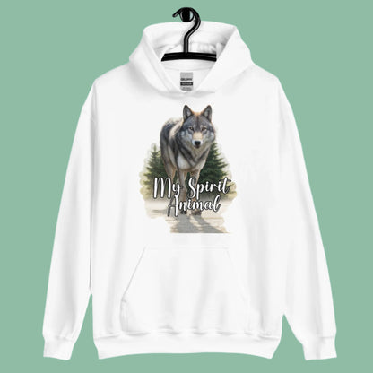 Wolf Women's Hoodie My Spirit Animal. Front view on hanger white Graphic Hoodie. A grey timberwolf gazes at you from the forest. Timber Wolf Shamanic Totem Animal, Mythical Accessories Emporium.