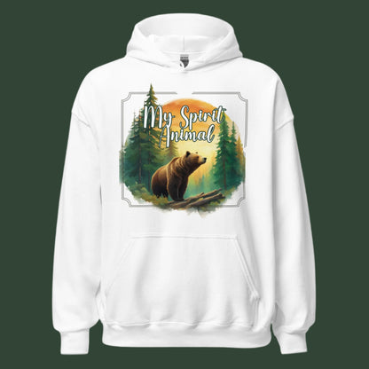 My Spirit Animal bear men's graphic hoodie. Front view on hanger white.  Grizzly Bear paused in front of logs walking through the forest framed in a sunset. My Spirit Animal text at the top in white script. Mythical Accessories