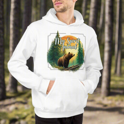 My Spirit Animal bear men's graphic hoodie. Front view white hoodie.  Grizzly Bear paused in front of logs walking through the forest framed in a sunset. My Spirit Animal text at the top in white script. Mythical Accessories