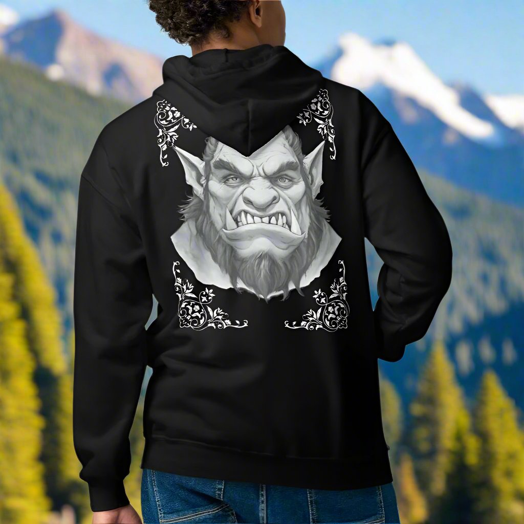 Orc Men's zip up hoodie, black, back view. Flower corner borders in dark grey green frame a monochrome image of a fierce Orc. Bearded, tusk like teeth, and pointed ears 