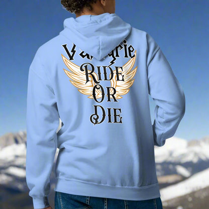 Back View, Carolina Blue, Valkyrie Mens Zip Up Hoodie Ride Or Die. Hoodie features print on the back. White Valkyrie wings edged in gold spread to each side. Through the middle is the text in black edged in white, "Valkyrie Ride or Die".