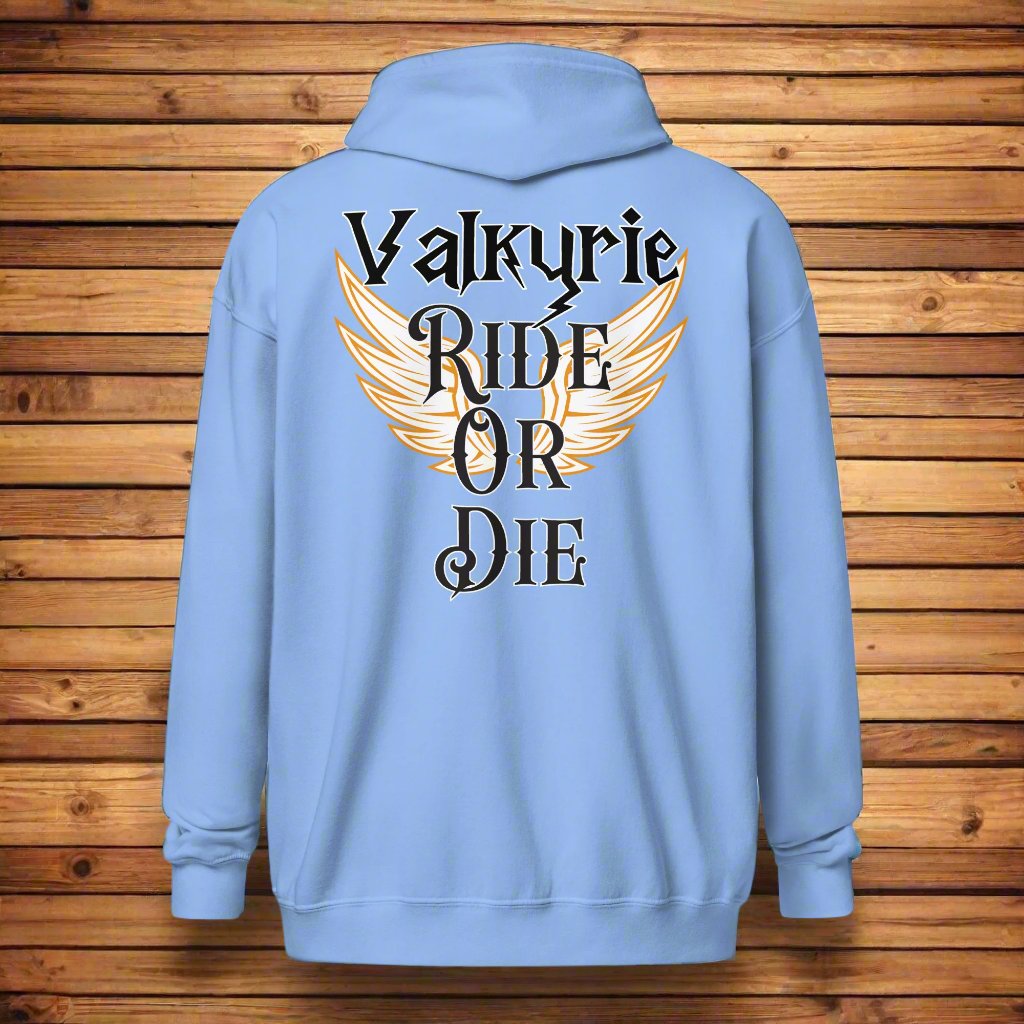 Back View, carolina blue, Valkyrie Mens Zip Up Hoodie Ride Or Die hanging against a wood wall. Hoodie features print on the back. White Valkyrie wings edged in gold spread to each side. Through the middle is the text in black edged in white, "Valkyrie Ride or Die".