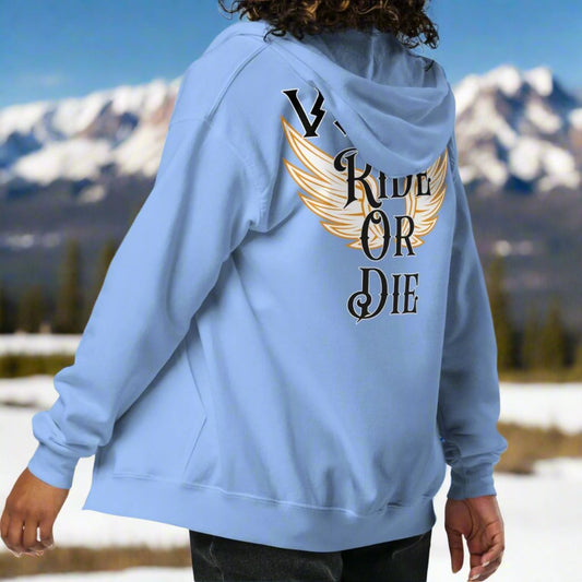 Back Left View Carolina Blue Women's Unisex Valkyrie Viking Zip Up Hoodie. Back of Hoodie has white Valkyrie wings edged in gold spread to each side. Down the middle in Black Text edged in white, "Valkyrie Ride or Die"