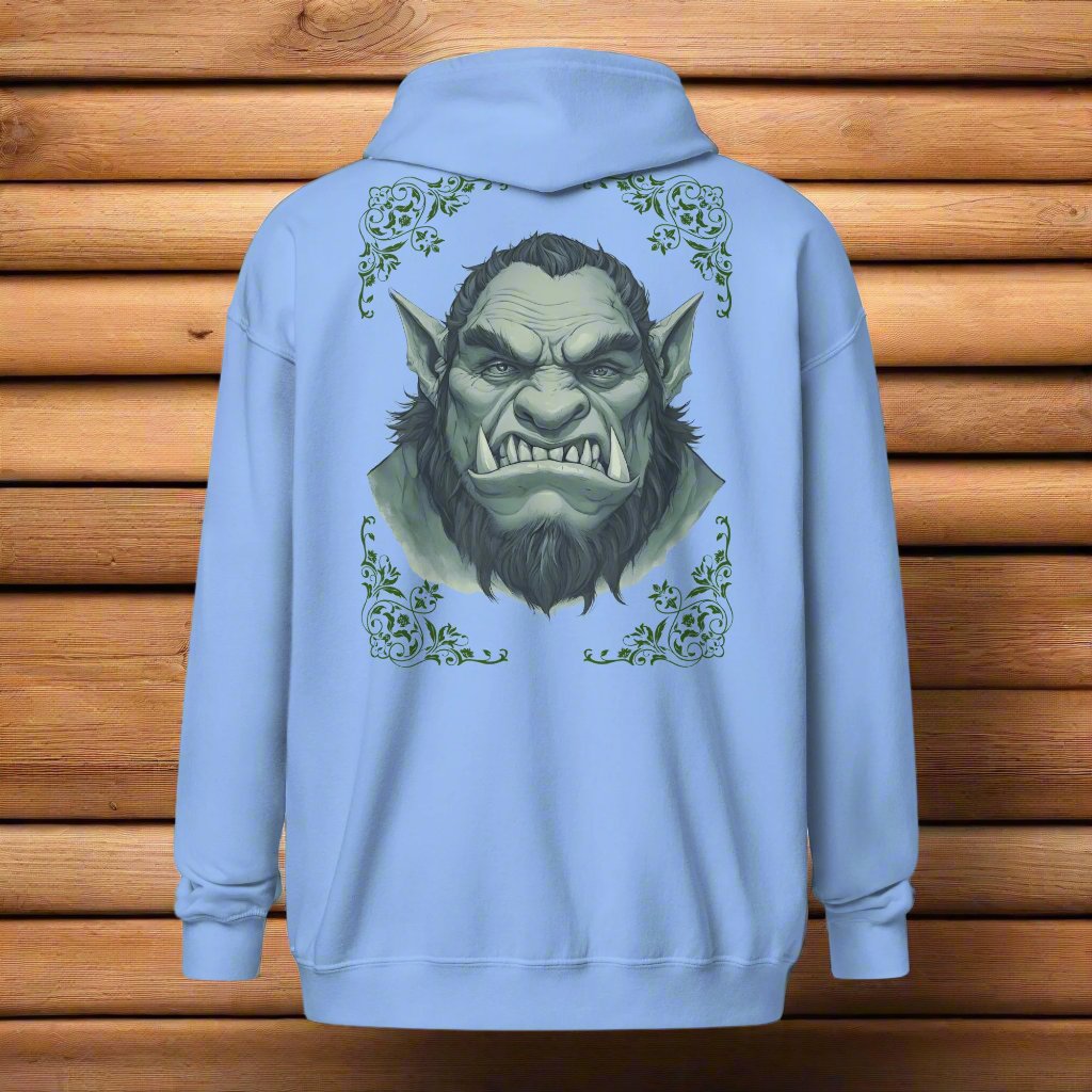 Orc Men's zip up hoodie, carolina blue, back view on hanger. Flower corner borders in dark grey green frame a monochrome image of a fierce Orc. Bearded, tusk like teeth, and pointed ears 